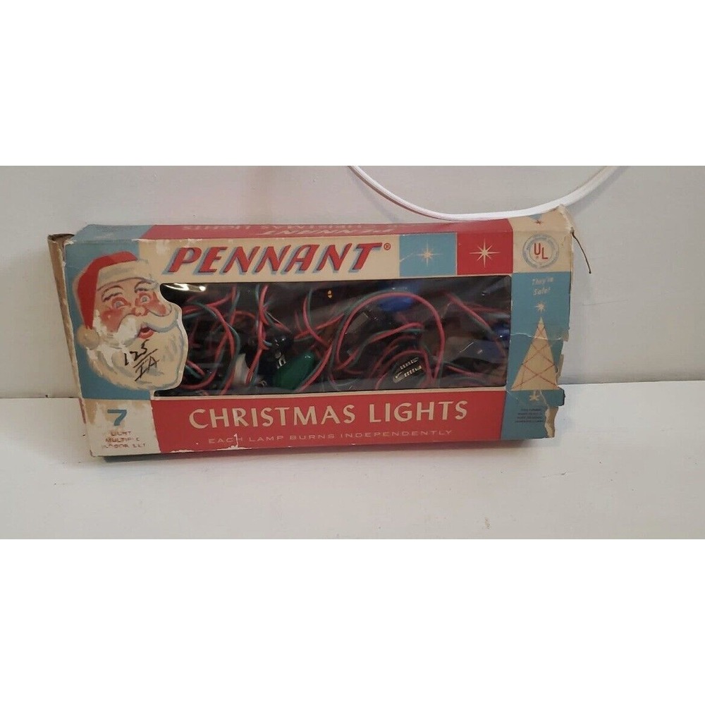 VINTAGE CHRISTMAS LIGHTS BULBS 7 SOCKETS PENNANT/RAYLITE W CLIPS & BOX‎
